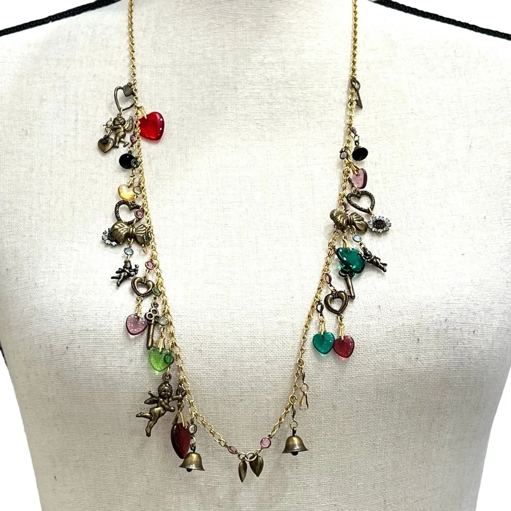 VINTAGE CHARM NECKLACE WITH CUPIDS, HEARTS , BELLS, KEYS & FLOWERS - Picture 10 of 16